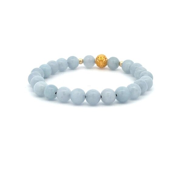 18K Gold Money Ball Lucky Charm Beads Bracelet Gemstones Aquamarine 6mm - Picture 8 of 9